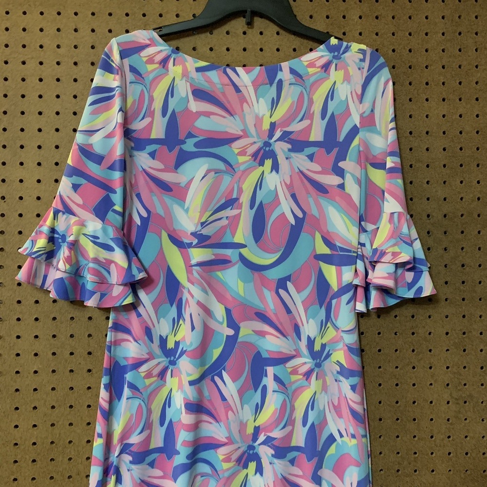 Preppy Pastel Pappagallo Shift Dress Small Pink Blue Floral Ruffle Bell Sleeve - Picture 6 of 8